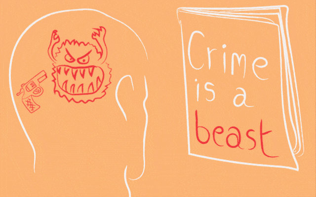 Animated GIF with head looking at paper - switching from a gun pointed at a monster when it says 'Crime is a beast' to a medicine bottle and sick person when the paper says "crime is a virus"