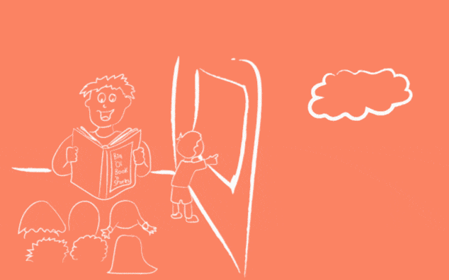 Animated GIF with adult reading stories to children, one child pointing out of the window to thunderstorm and lightning outside, with the header "Stories need systems"