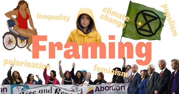 Collage of Greta Thunberg, abortion rights protestors, extinction rebellion flag, illustrated women in wheelchair and Democratic primary candidates with headlines "Framing", "polarisation", "feminism", "climate change" and "inequality"