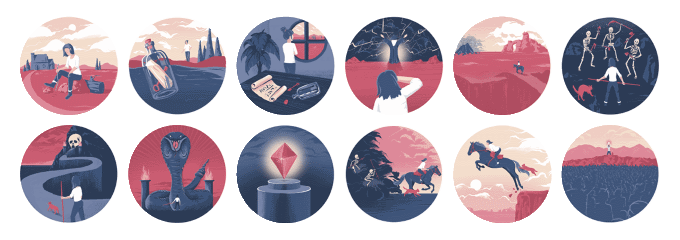 illustrated circles of twelve steps of the Hero's Journey - with an ambigously gendered hero fighting monsters, meeting their mentor, etc.
